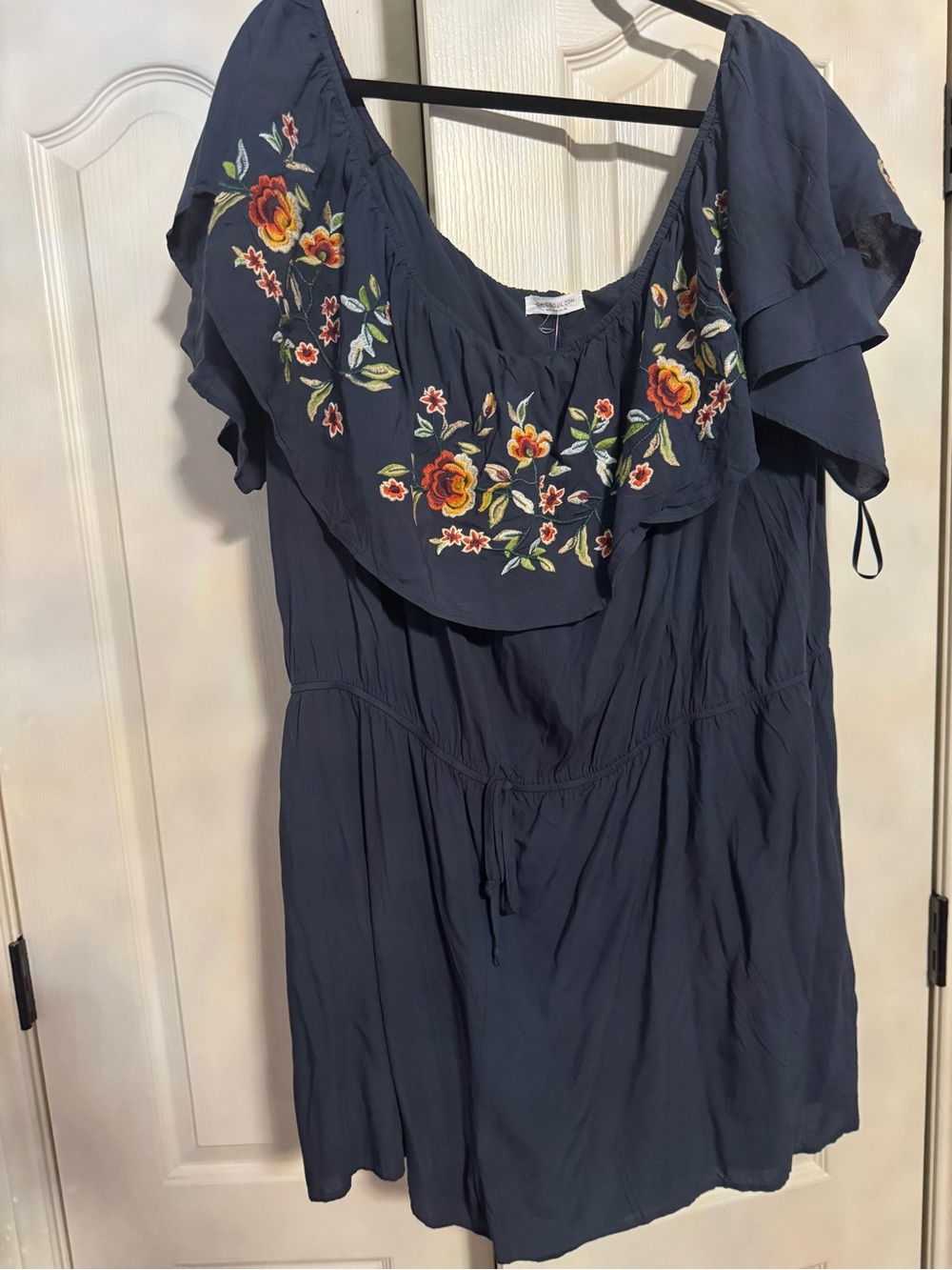 Navy Floral Embroidered Ruffle-Neck Women’s Romper chic soul